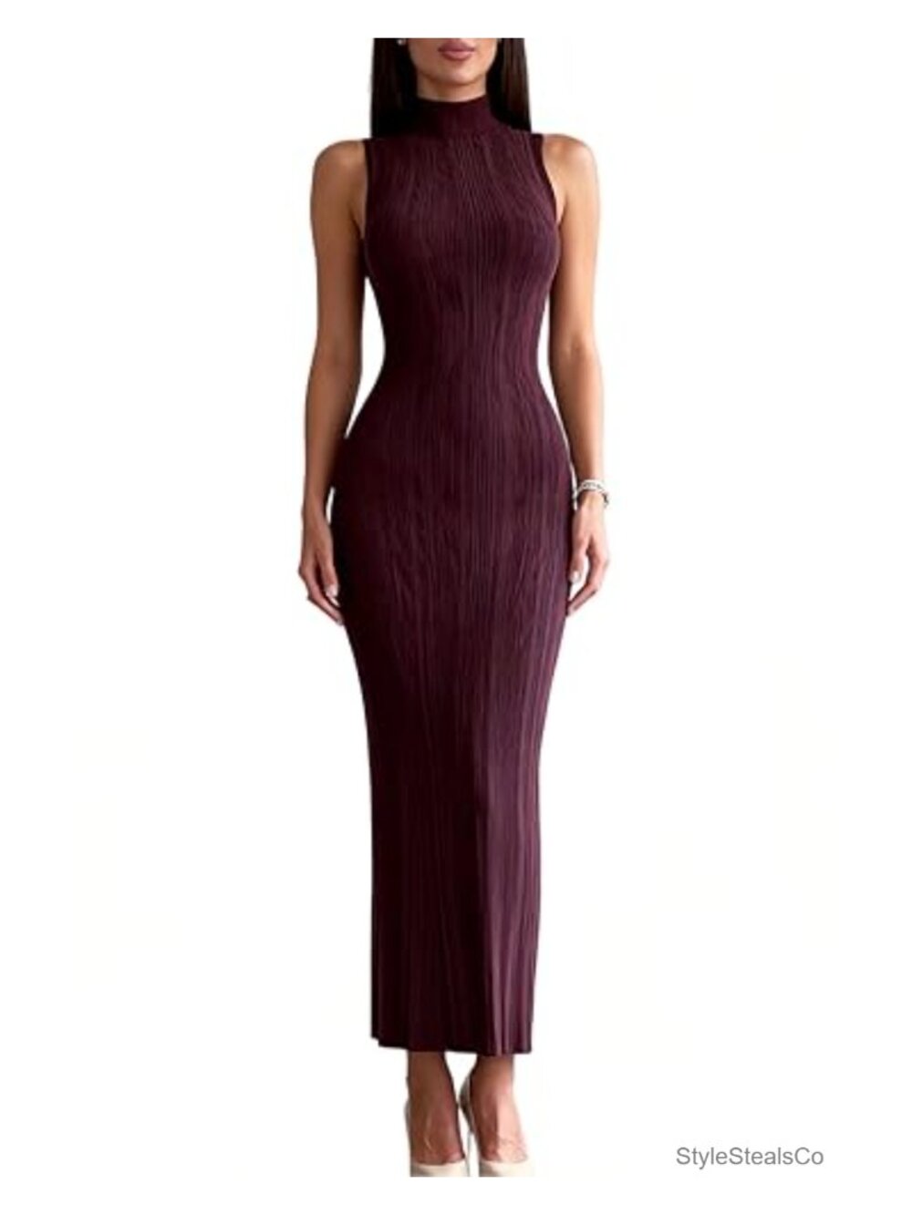 Ribbed Knit Mock Neck Sleeveless Bodycon Maxi Sweater Dress